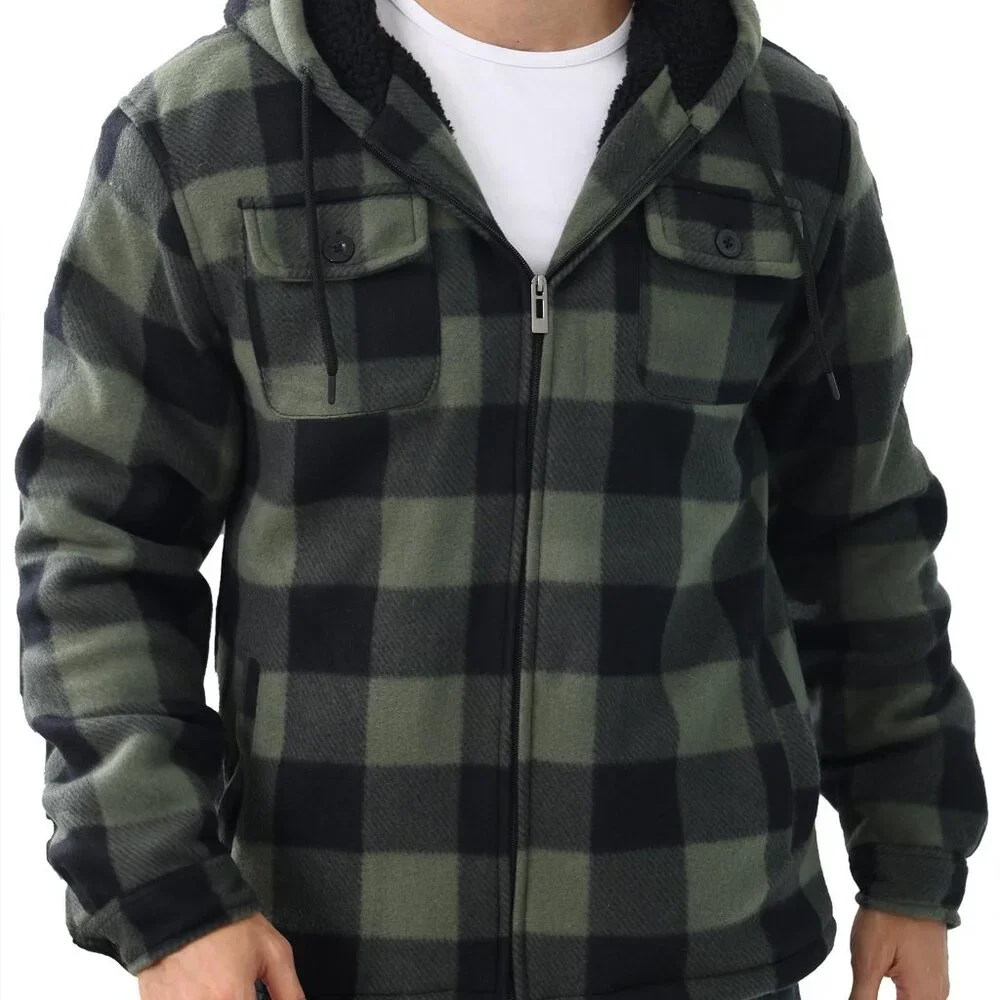 Sherpa Lined Flannel Jacket Full Zip Hoodie Men's Winter Warm Fleece Coat